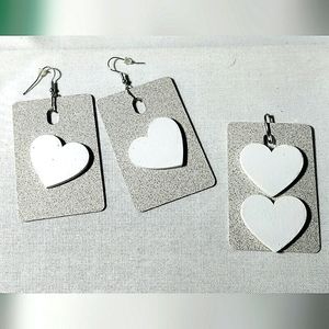 NEW Handcrafted Stipple Gray Wood Earrings & Charm Pendant Set! Wooden Hearts